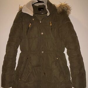 a.n.a Khaki Puffer Jacket with Faux Fur Hood